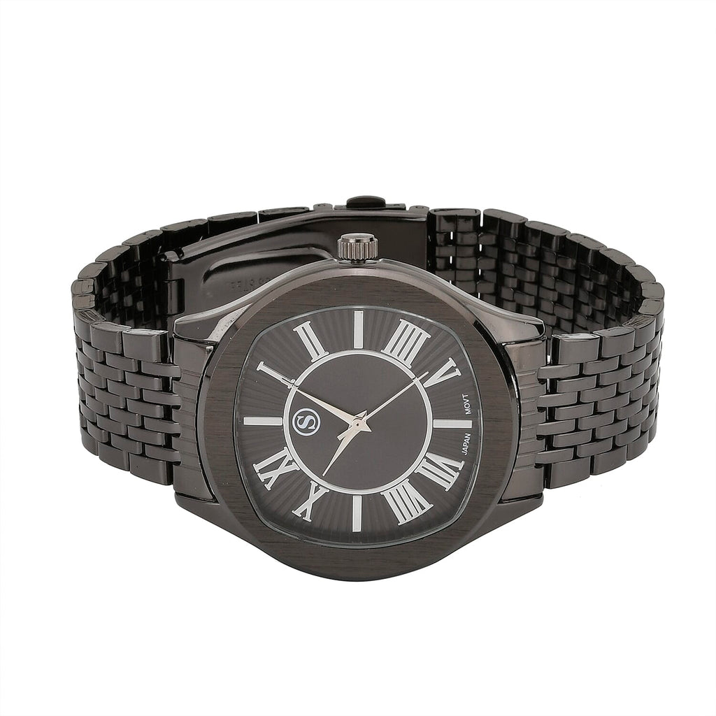 STRADA Japanese Movement Water Resistant Black Sunshine Hydraulic Dial Watch with Black Color Stainless Steel Strap