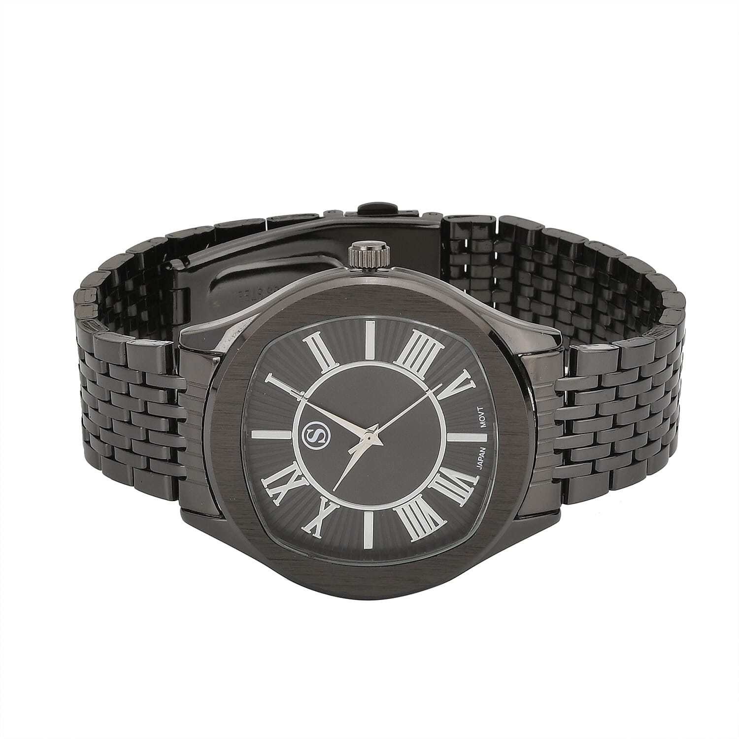 STRADA Japanese Movement Water Resistant Black Sunshine Hydraulic Dial Watch with Black Color Stainless Steel Strap