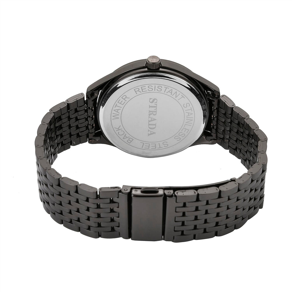 STRADA Japanese Movement Water Resistant Black Sunshine Hydraulic Dial Watch with Black Color Stainless Steel Strap