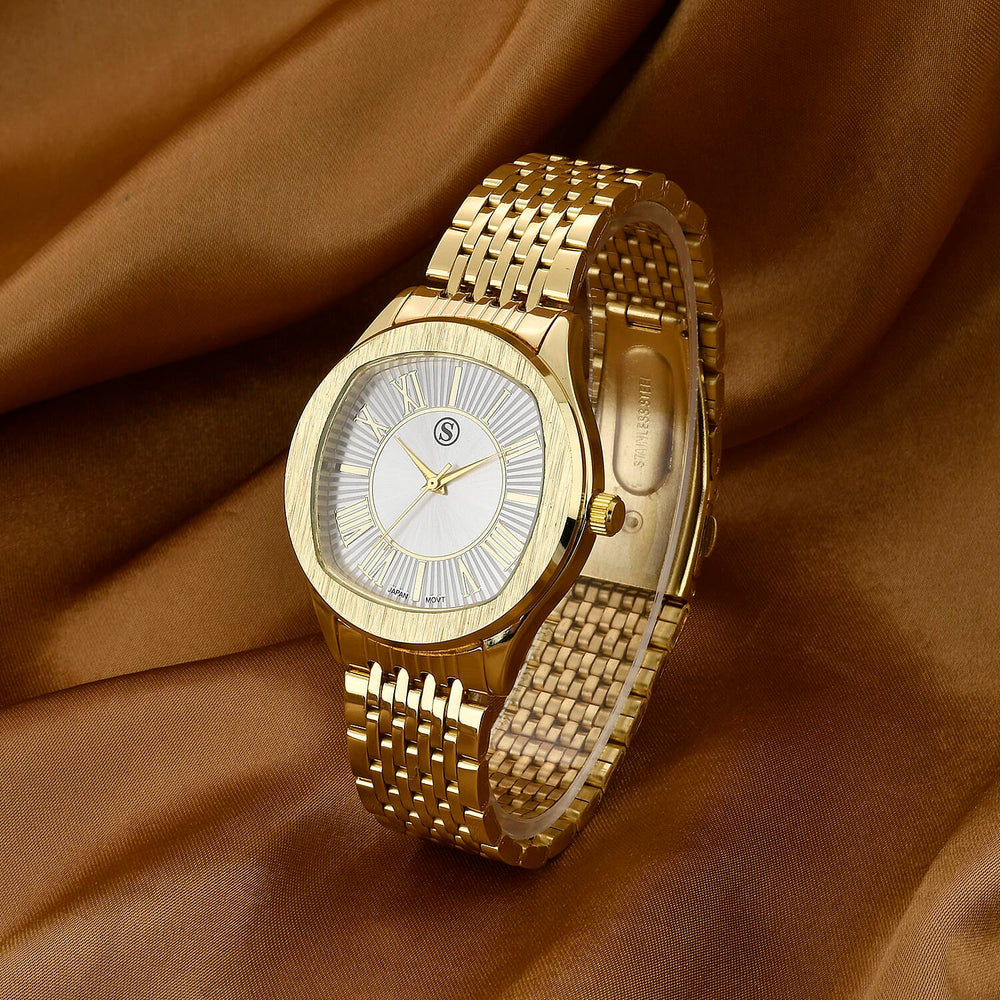 STRADA PC21S Japanese Movement Water Resistant White Sunshine Hydraulic Dial Watch with Gold Color Stainless Steel Strap