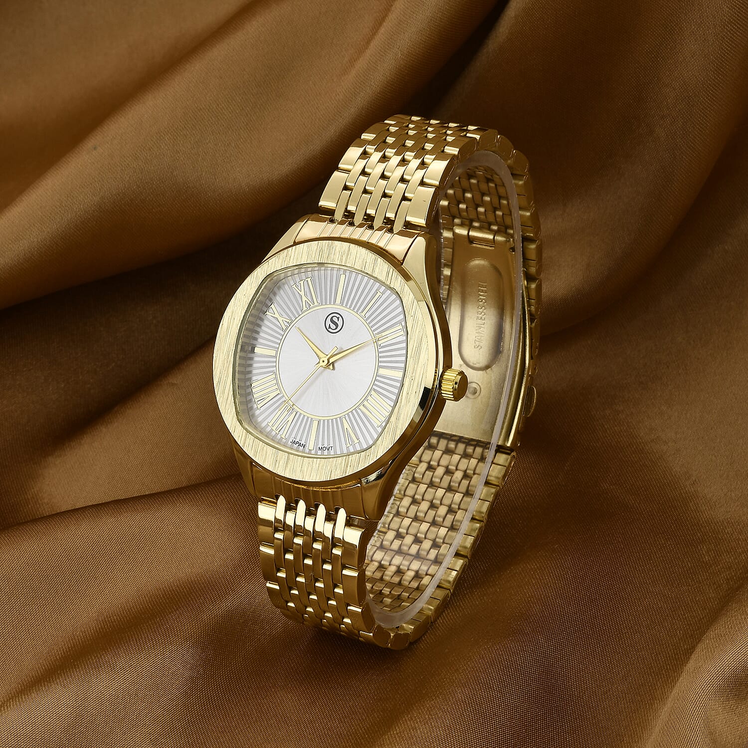 STRADA PC21S Japanese Movement Water Resistant White Sunshine Hydraulic Dial Watch with Gold Color Stainless Steel Strap