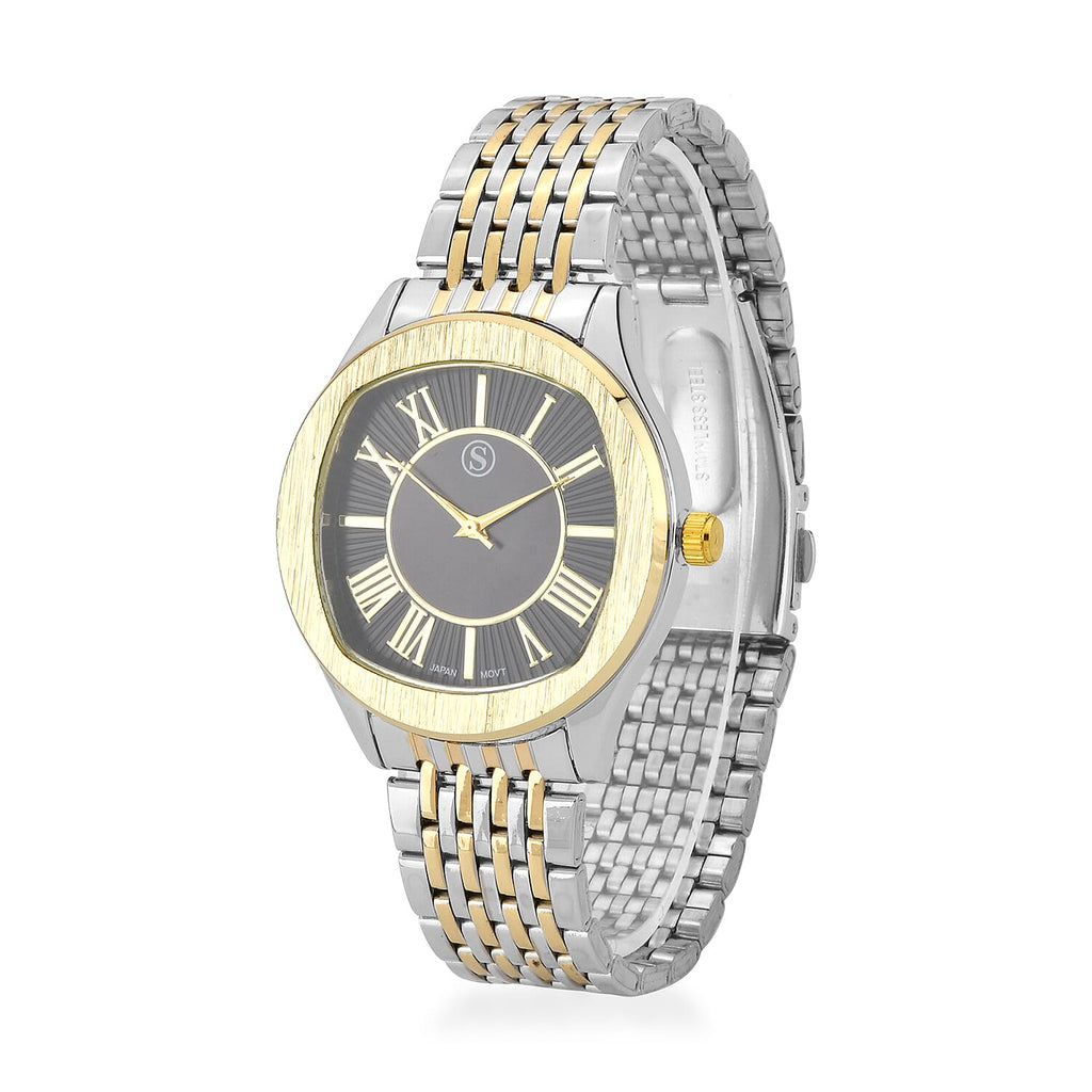 STRADA Japanese Movement Water Resistant Black Sunshine Hydraulic Dial Watch with Two-Tone Stainless Steel Strap