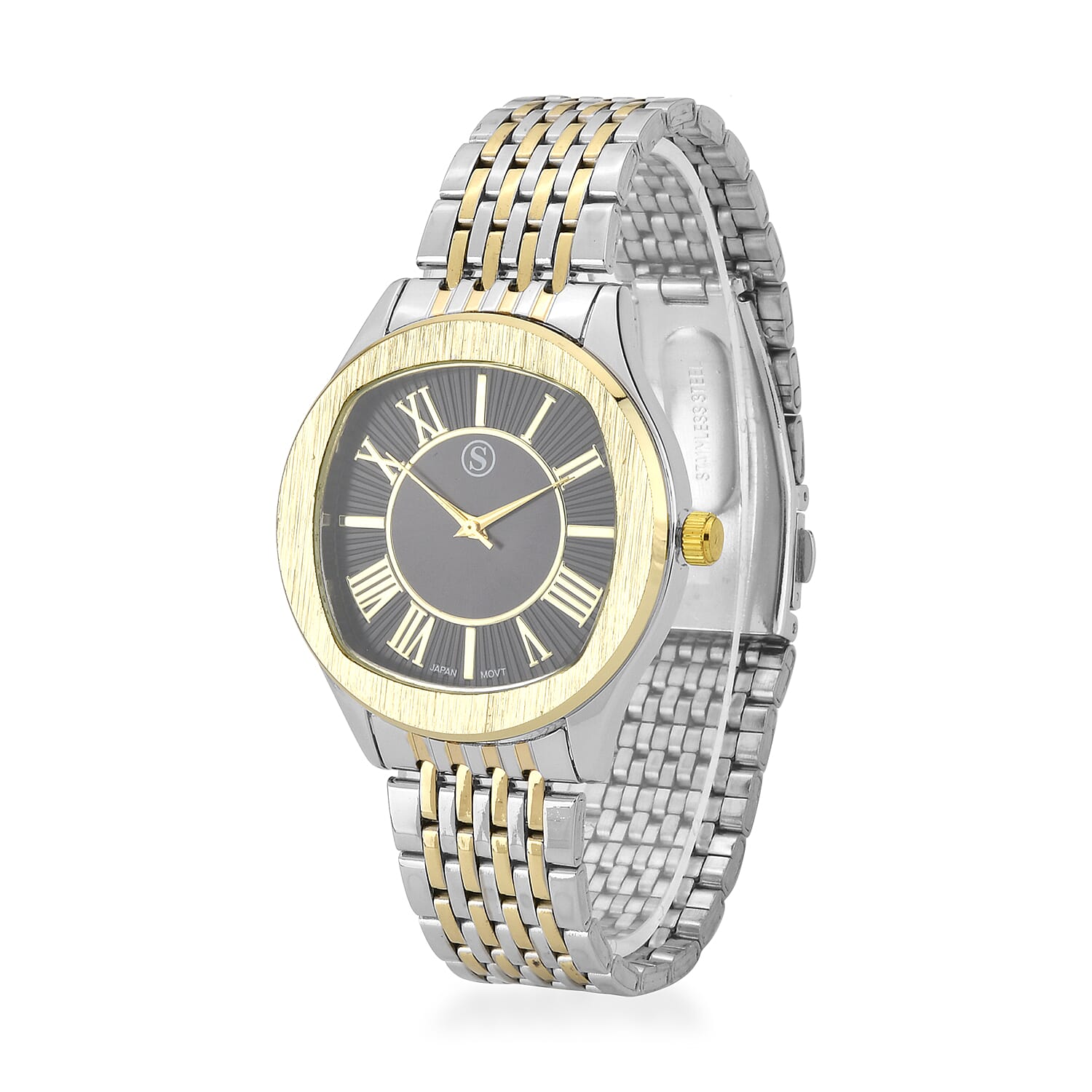 STRADA Japanese Movement Water Resistant Black Sunshine Hydraulic Dial Watch with Two-Tone Stainless Steel Strap