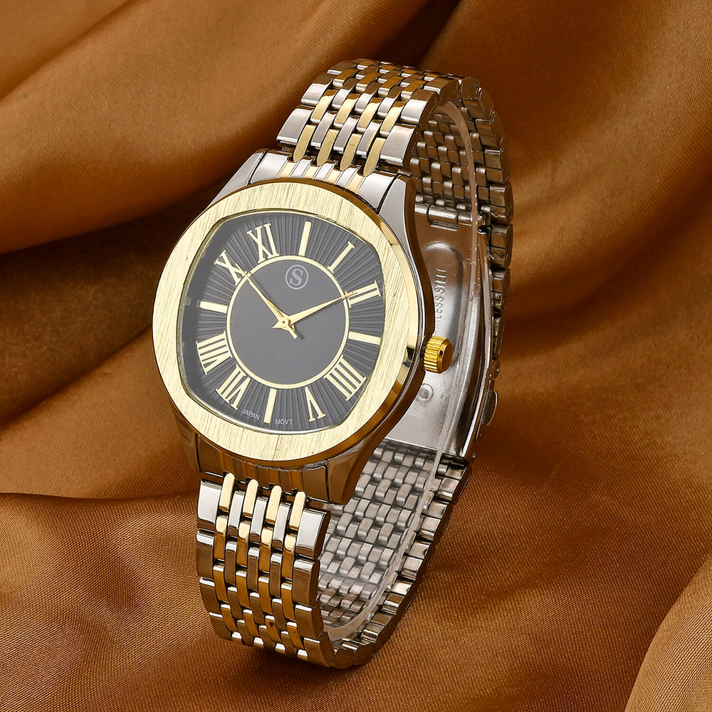 STRADA Japanese Movement Water Resistant Black Sunshine Hydraulic Dial Watch with Two-Tone Stainless Steel Strap