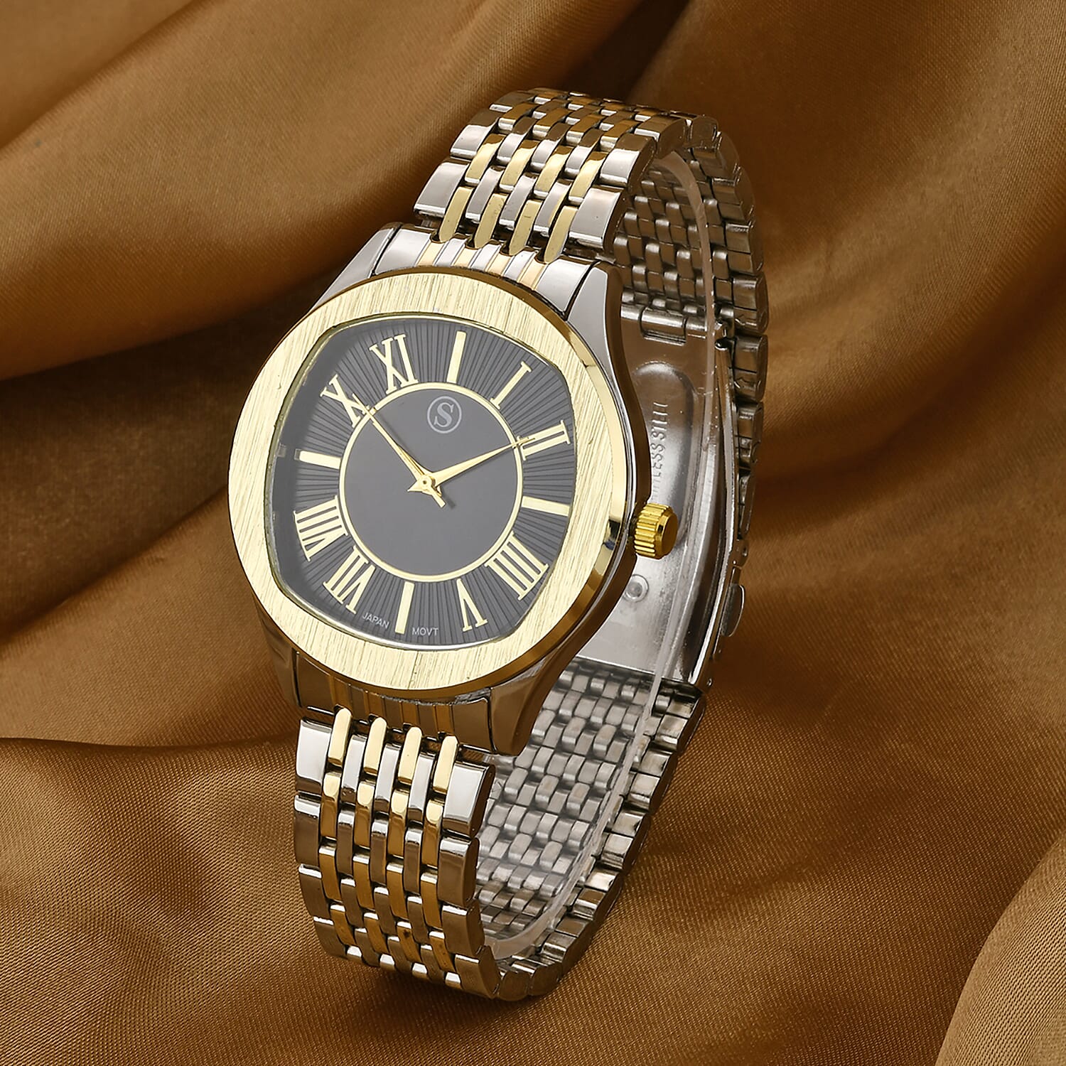 STRADA Japanese Movement Water Resistant Black Sunshine Hydraulic Dial Watch with Two-Tone Stainless Steel Strap