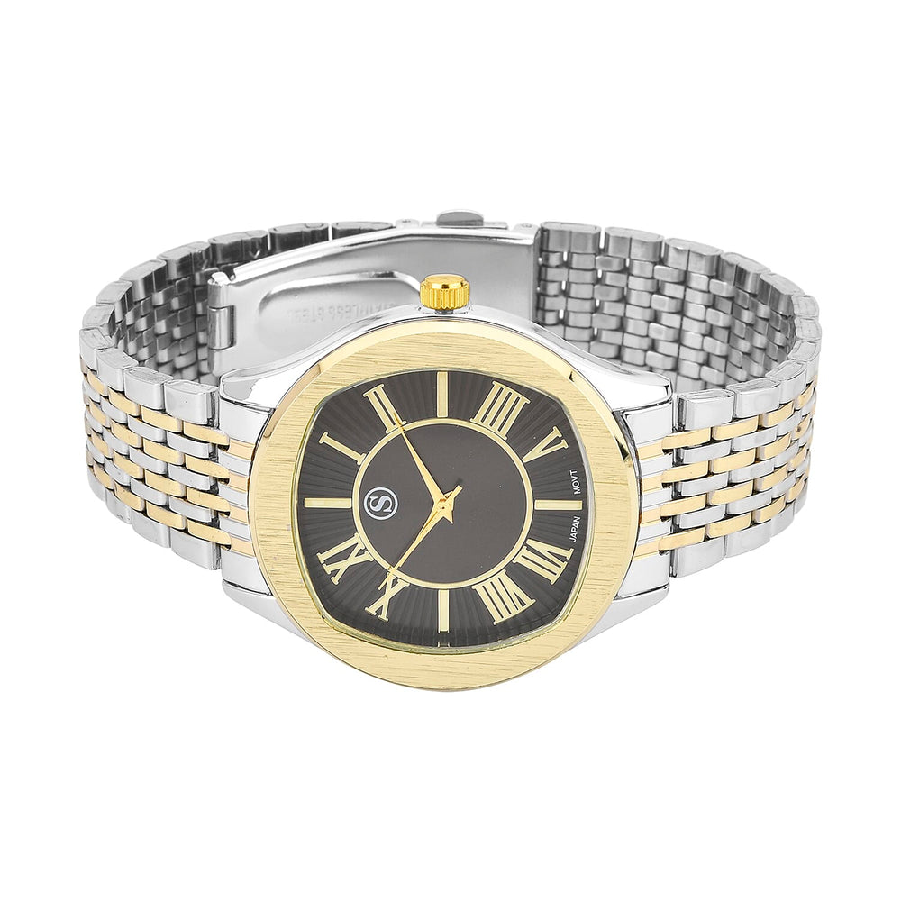 STRADA Japanese Movement Water Resistant Black Sunshine Hydraulic Dial Watch with Two-Tone Stainless Steel Strap