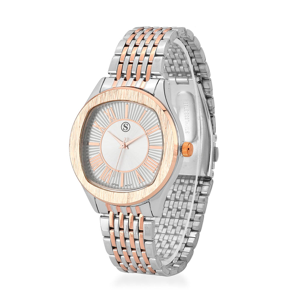 STRADA Japanese Movement Water Resistant White Sunshine Hydraulic Dial Watch with Two-Tone Stainless Steel Strap