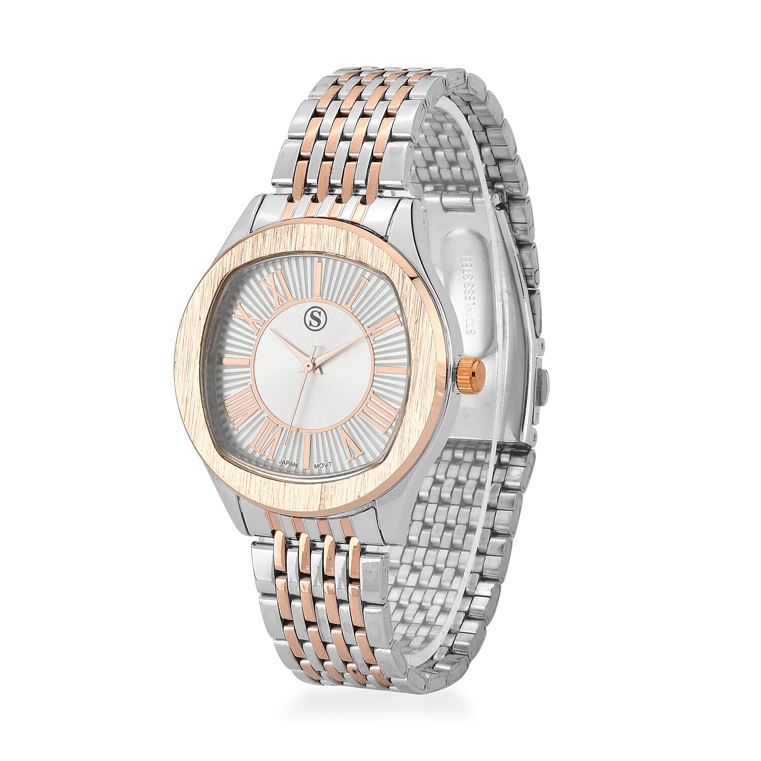 STRADA Japanese Movement Water Resistant White Sunshine Hydraulic Dial Watch with Two-Tone Stainless Steel Strap
