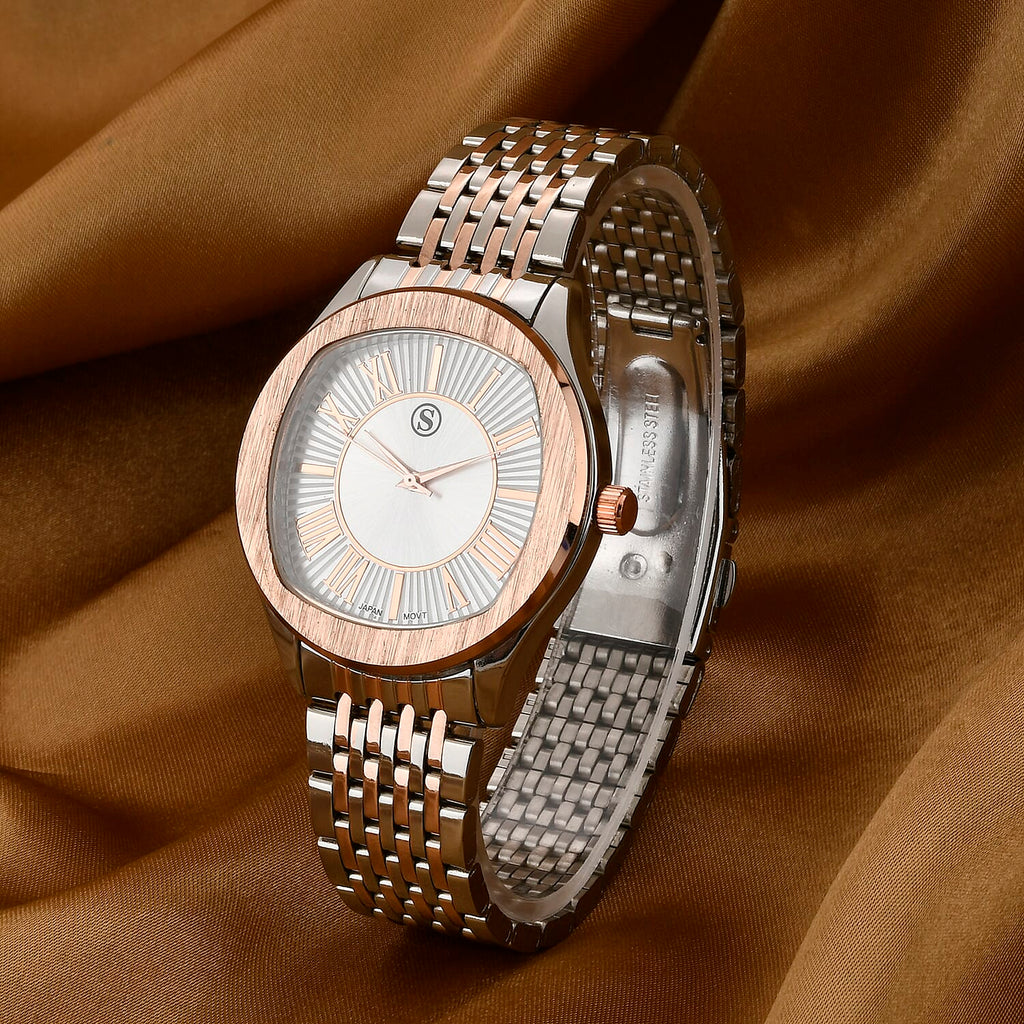 STRADA Japanese Movement Water Resistant White Sunshine Hydraulic Dial Watch with Two-Tone Stainless Steel Strap