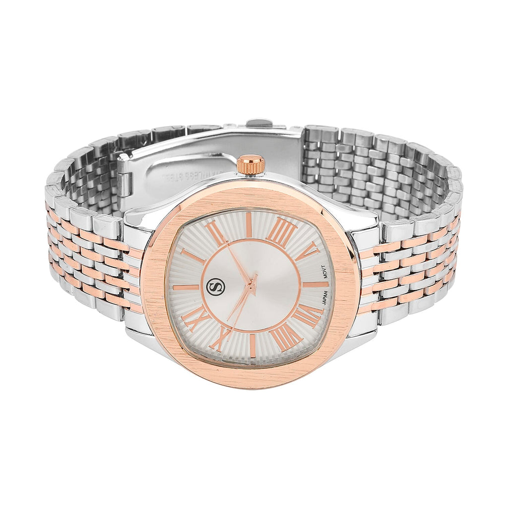 STRADA Japanese Movement Water Resistant White Sunshine Hydraulic Dial Watch with Two-Tone Stainless Steel Strap