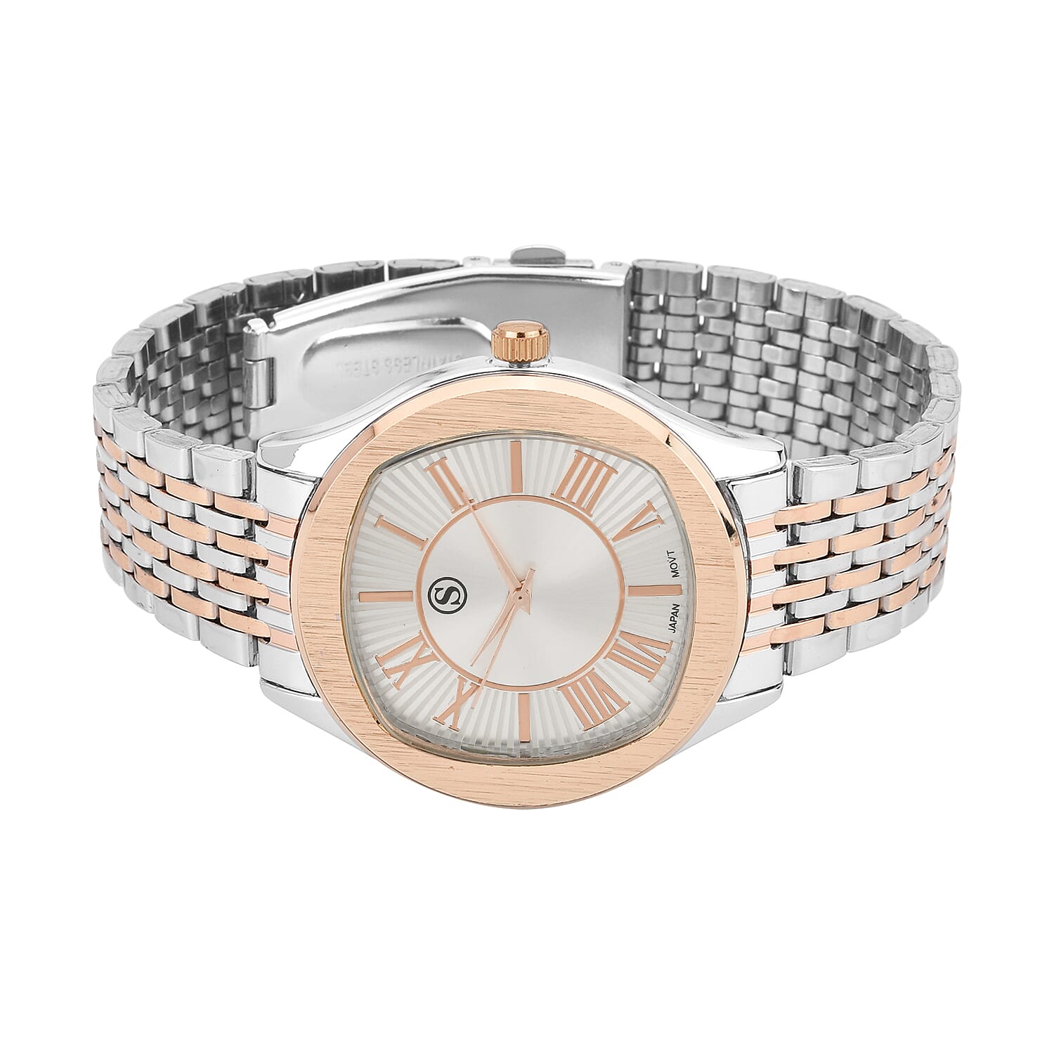 STRADA Japanese Movement Water Resistant White Sunshine Hydraulic Dial Watch with Two-Tone Stainless Steel Strap