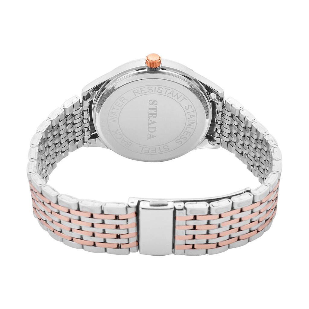 STRADA Japanese Movement Water Resistant White Sunshine Hydraulic Dial Watch with Two-Tone Stainless Steel Strap