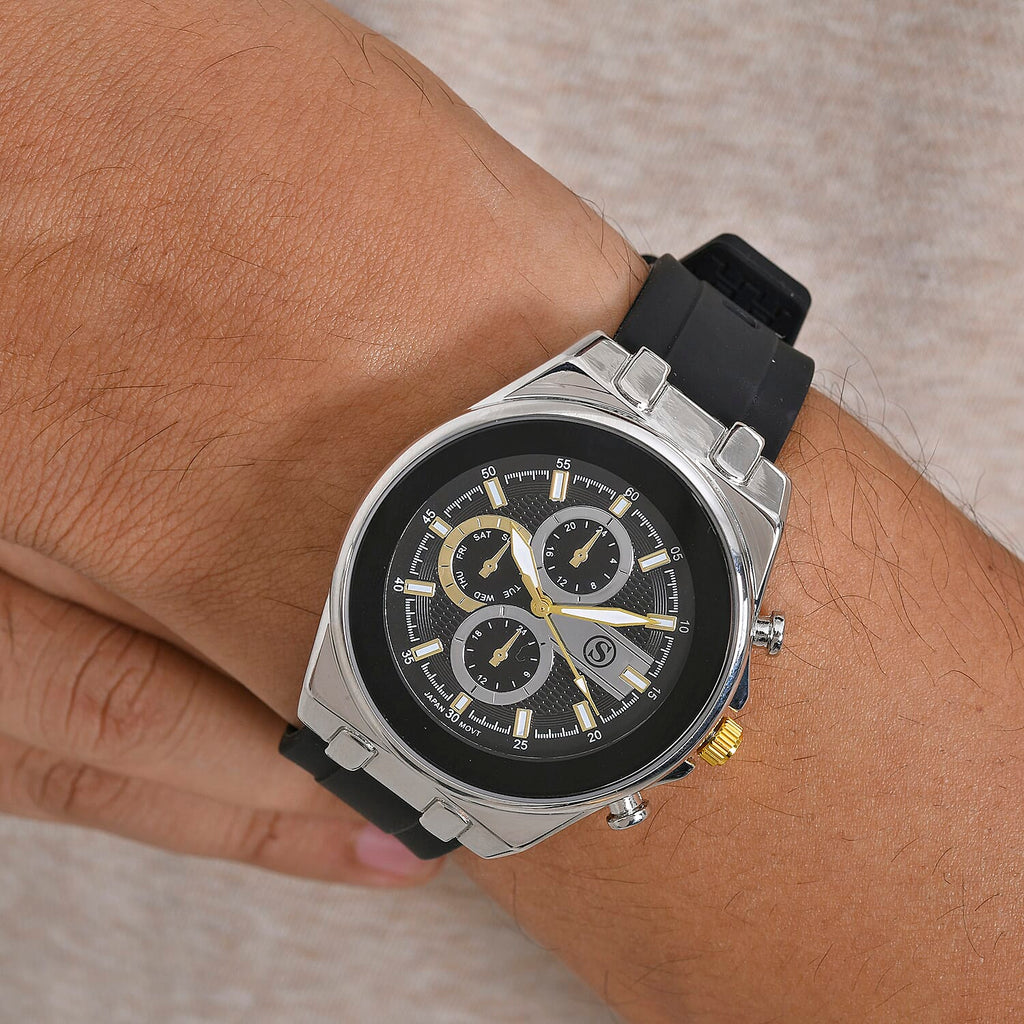 STRADA Japanese Movement Water Resistant Hydraulic Dial Watch with Black Colour Silicone Strap