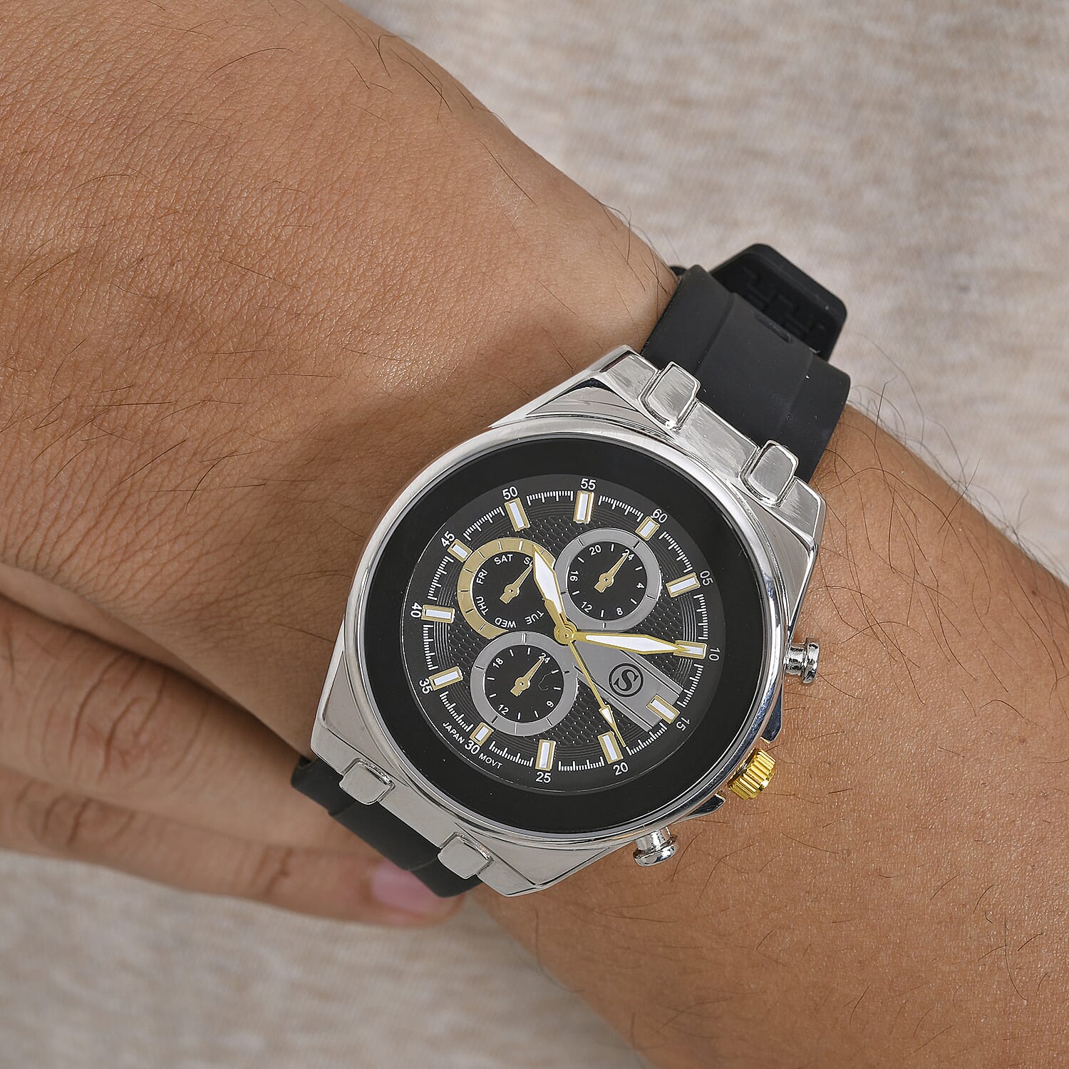 STRADA Japanese Movement Water Resistant Hydraulic Dial Watch with Black Colour Silicone Strap