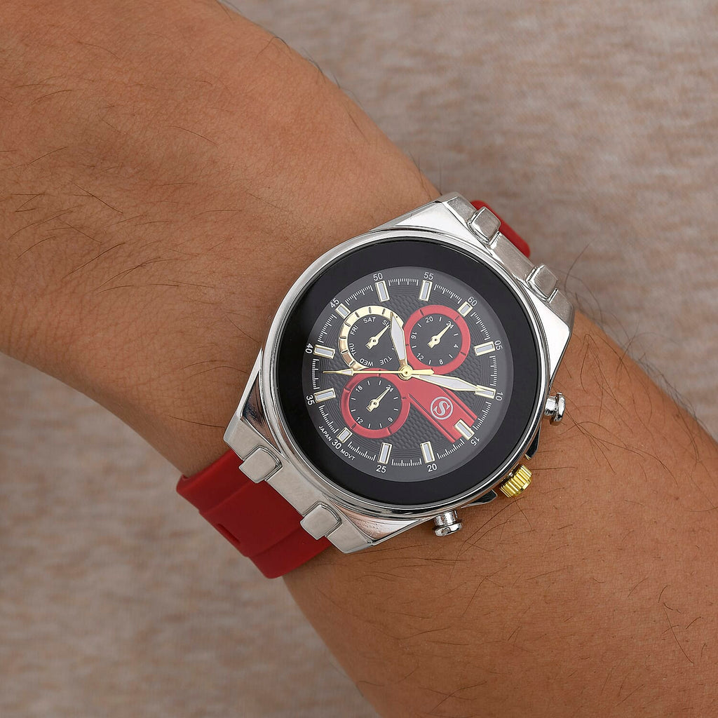 STRADA Japanese Movement Water Resistant Black Hydraulic Dial Watch with Red Colour Silicone Strap