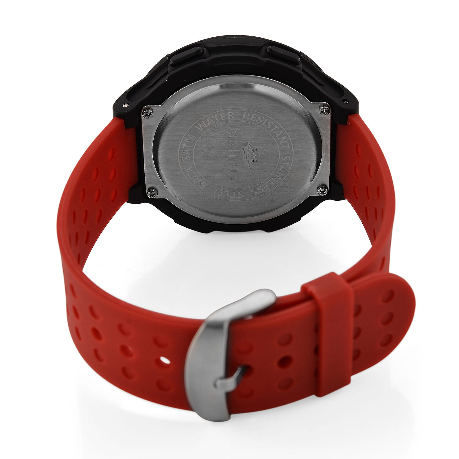 MAJESTY Digital Electronic 3ATM WR LCD Dial - Black Case Mens Watch with Red TUP Strap