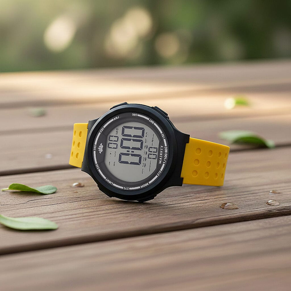 MAJESTY Digital Electronic 3ATM WR LCD Dial - Black Case Mens Watch with Yellow TUP Strap