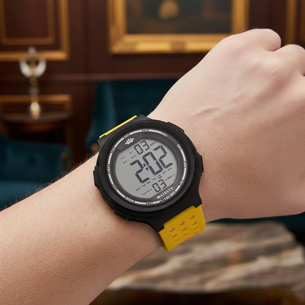 MAJESTY Digital Electronic 3ATM WR LCD Dial - Black Case Mens Watch with Yellow TUP Strap