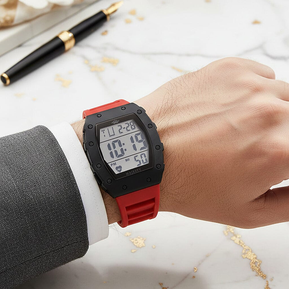 MAJESTY Digital Electronic 3ATM WR LCD Dial - Black Case Mens Watch with Red TUP Strap