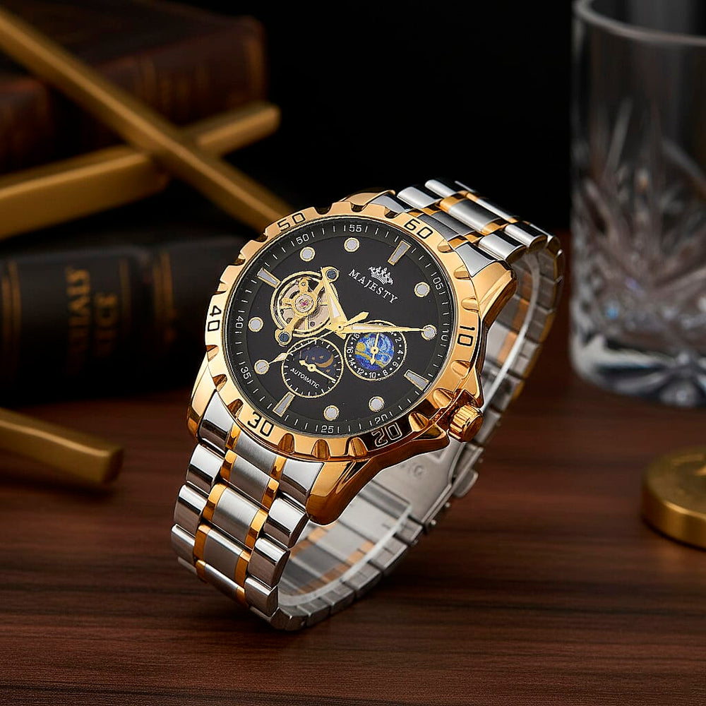 MAJESTY Multifunctional Automatic 3ATM WR Black Hollow - Moon Phase Dial - Two-Tone Case Mens Watch with Two-Tone Stainless Steel Strap