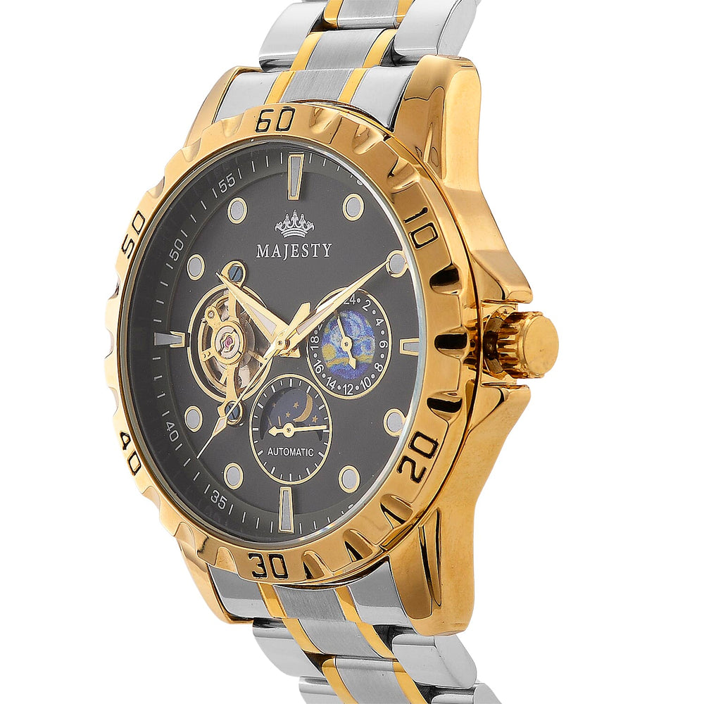 MAJESTY Multifunctional Automatic 3ATM WR Black Hollow - Moon Phase Dial - Two-Tone Case Mens Watch with Two-Tone Stainless Steel Strap