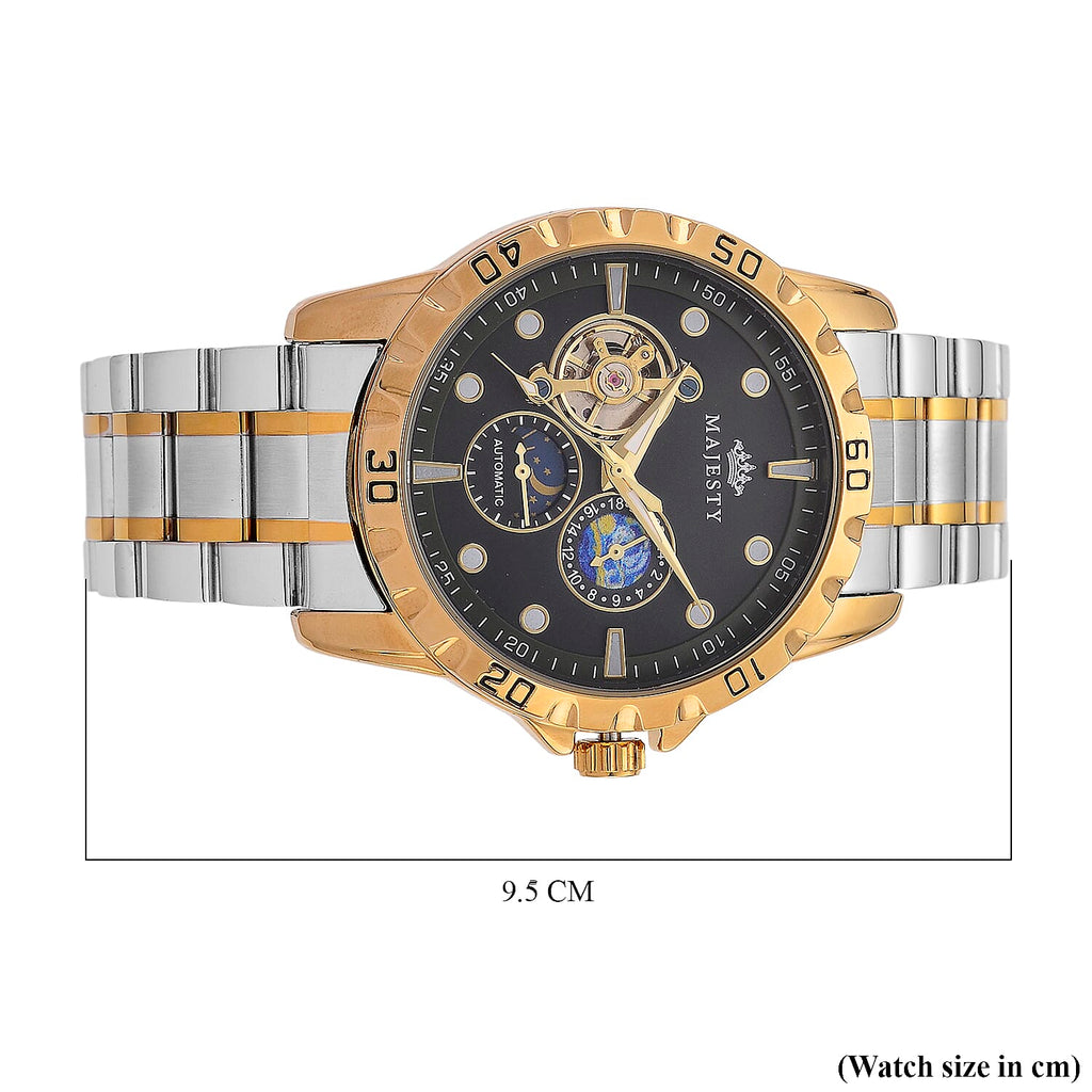 MAJESTY Multifunctional Automatic 3ATM WR Black Hollow - Moon Phase Dial - Two-Tone Case Mens Watch with Two-Tone Stainless Steel Strap