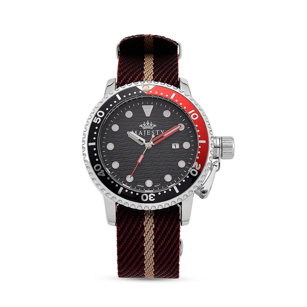 COLLECTORS EDITION - MAJESTY FIELDMASTER Quartz PC32 3ATM WR Black Hydraulic Dial - Silver Case Mens Watch with Brown Nylon Strap