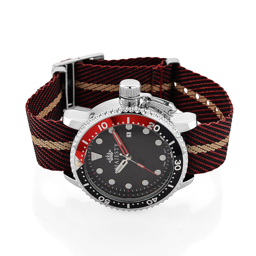 COLLECTORS EDITION - MAJESTY FIELDMASTER Quartz PC32 3ATM WR Black Hydraulic Dial - Silver Case Mens Watch with Brown Nylon Strap