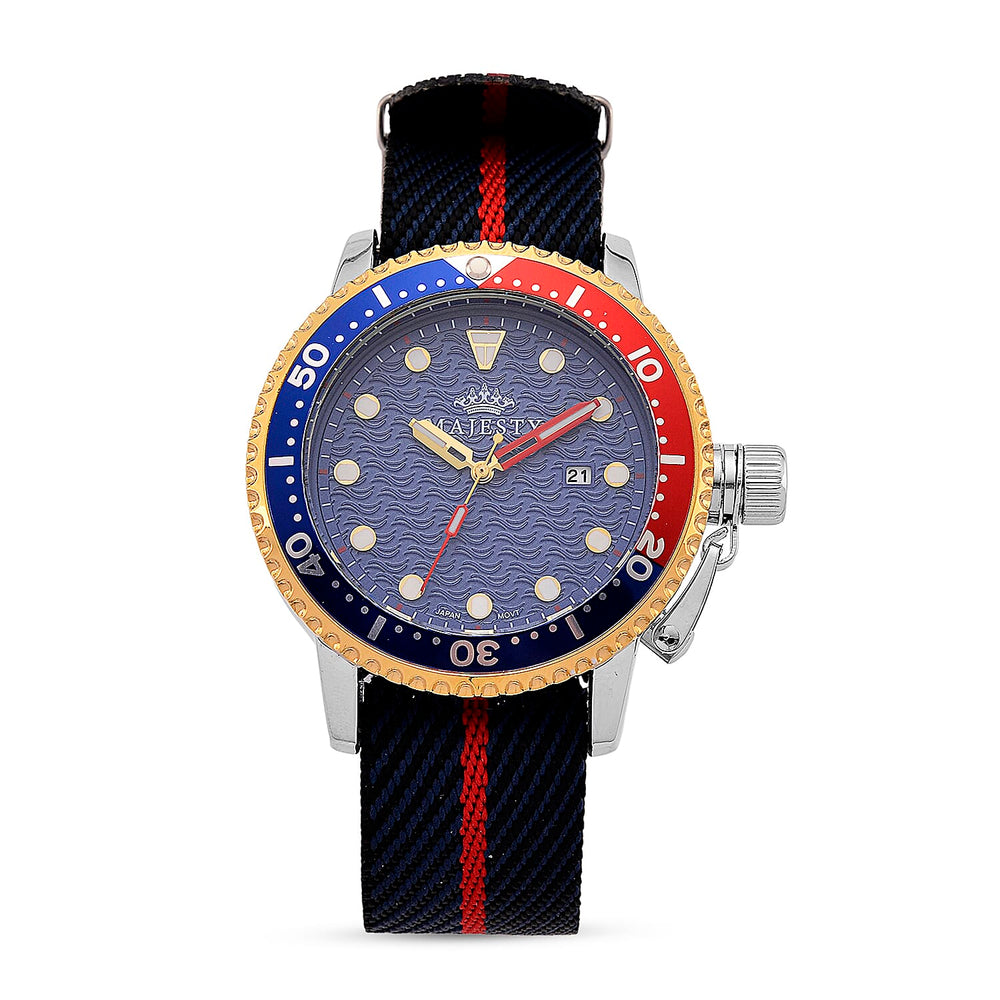 COLLECTORS EDITION - MAJESTY FIELDMASTER Quartz PC32 3ATM WR Blue Hydraulic Dial - Two-Tone Silver-Gold Case Mens Watch with Black Nylon Strap