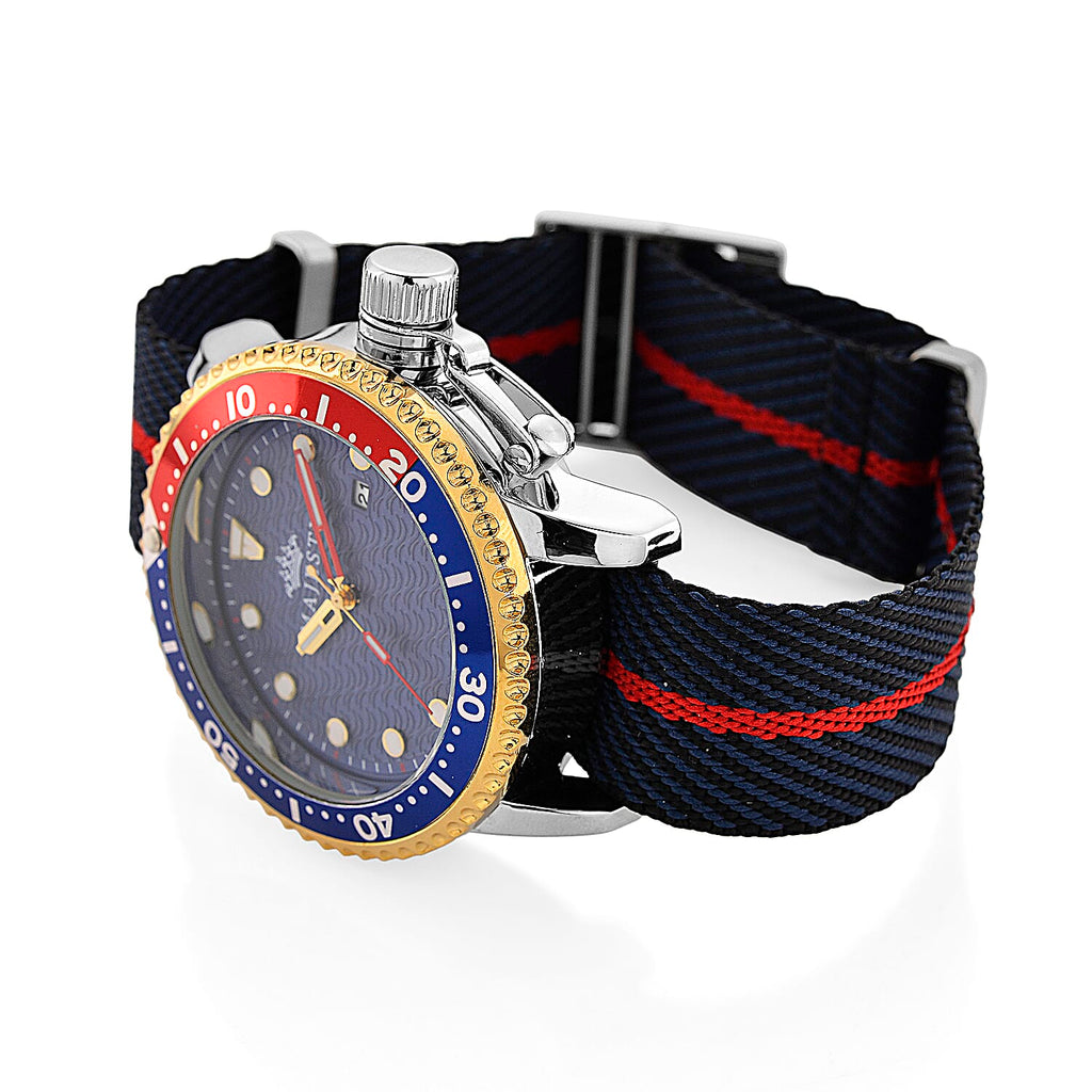 COLLECTORS EDITION - MAJESTY FIELDMASTER Quartz PC32 3ATM WR Blue Hydraulic Dial - Two-Tone Silver-Gold Case Mens Watch with Black Nylon Strap