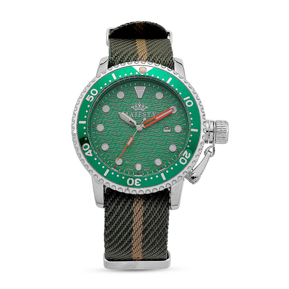 COLLECTORS EDITION -  -MAJESTY FIELDMASTER Quartz PC32 3ATM WR Green Hydraulic Dial - Silver Case Mens Watch with Green Nylon Strap