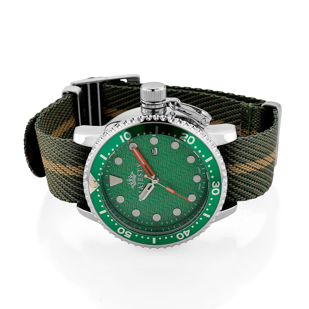 COLLECTORS EDITION -  -MAJESTY FIELDMASTER Quartz PC32 3ATM WR Green Hydraulic Dial - Silver Case Mens Watch with Green Nylon Strap