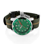 COLLECTORS EDITION -  -MAJESTY FIELDMASTER Quartz PC32 3ATM WR Green Hydraulic Dial - Silver Case Mens Watch with Green Nylon Strap