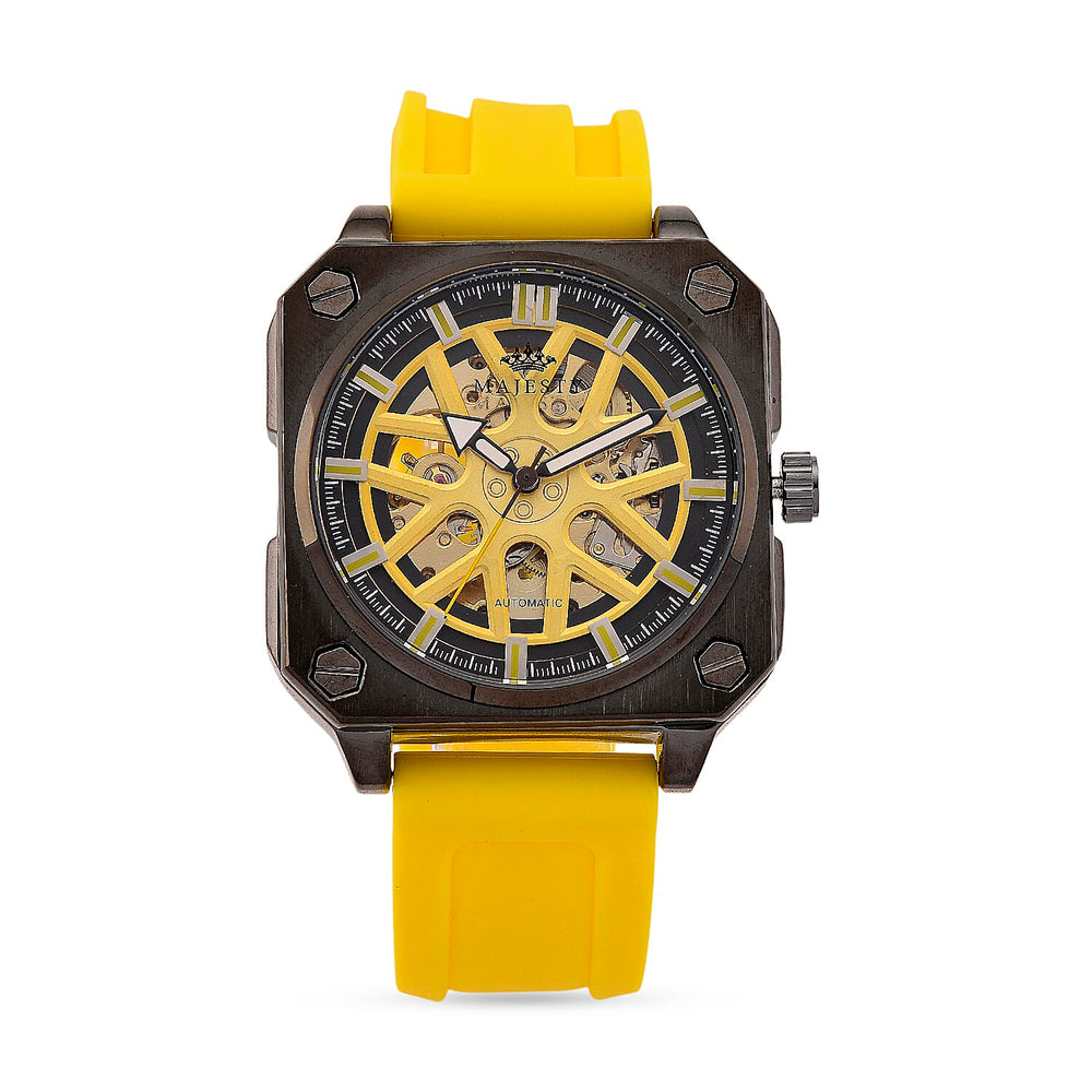MAJESTY Automatic Mechanical 3ATM WR Gold Hollow Dial - Black Case Mens Watch with Yellow Silicone Strap