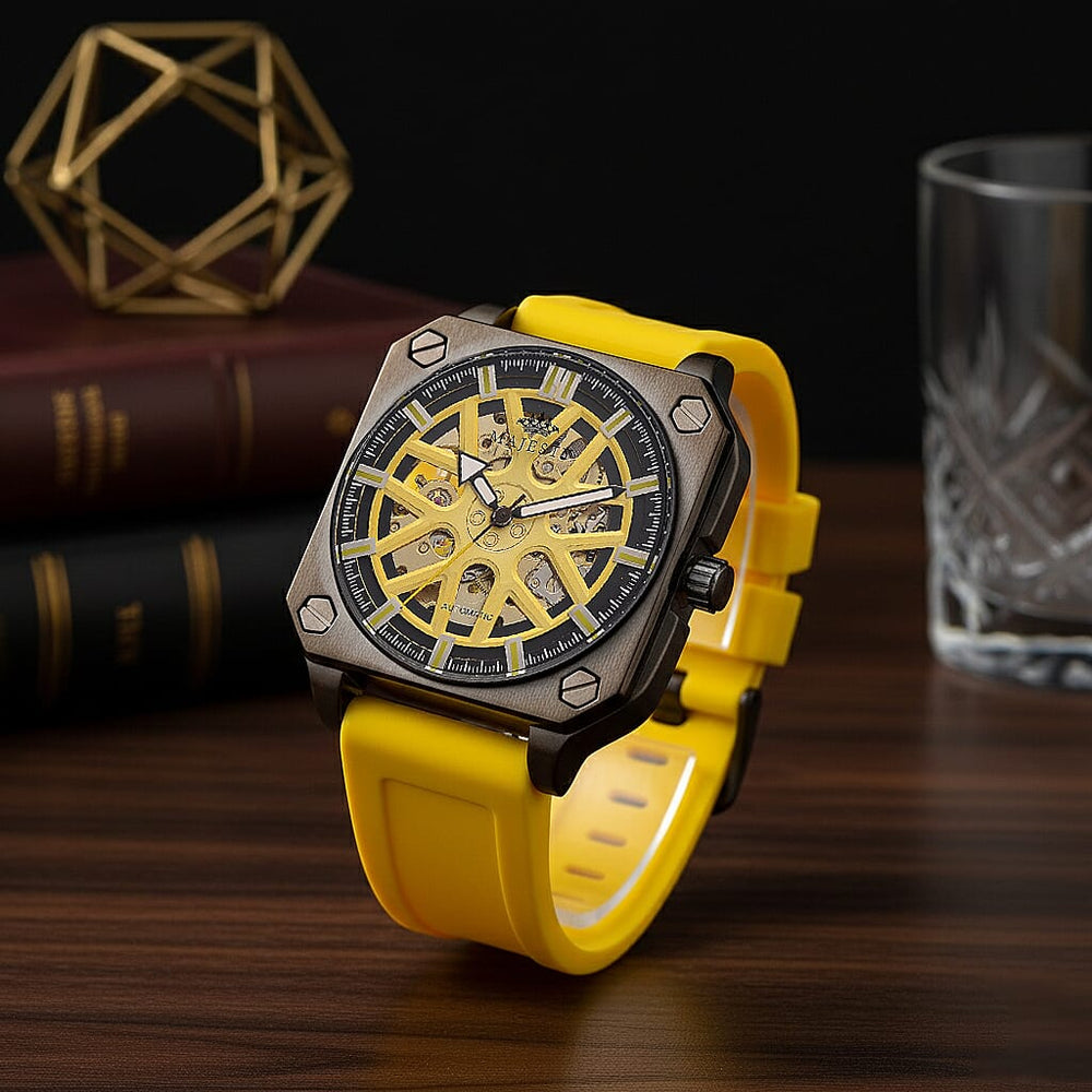 MAJESTY Automatic Mechanical 3ATM WR Gold Hollow Dial - Black Case Mens Watch with Yellow Silicone Strap