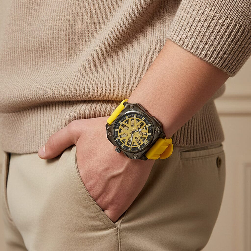 MAJESTY Automatic Mechanical 3ATM WR Gold Hollow Dial - Black Case Mens Watch with Yellow Silicone Strap