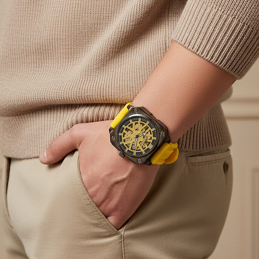 MAJESTY Automatic Mechanical 3ATM WR Gold Hollow Dial - Black Case Mens Watch with Yellow Silicone Strap