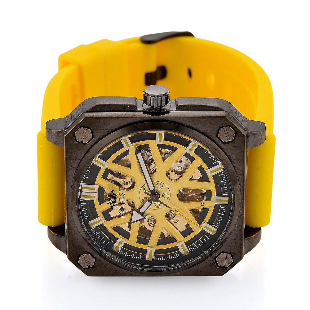 MAJESTY Automatic Mechanical 3ATM WR Gold Hollow Dial - Black Case Mens Watch with Yellow Silicone Strap