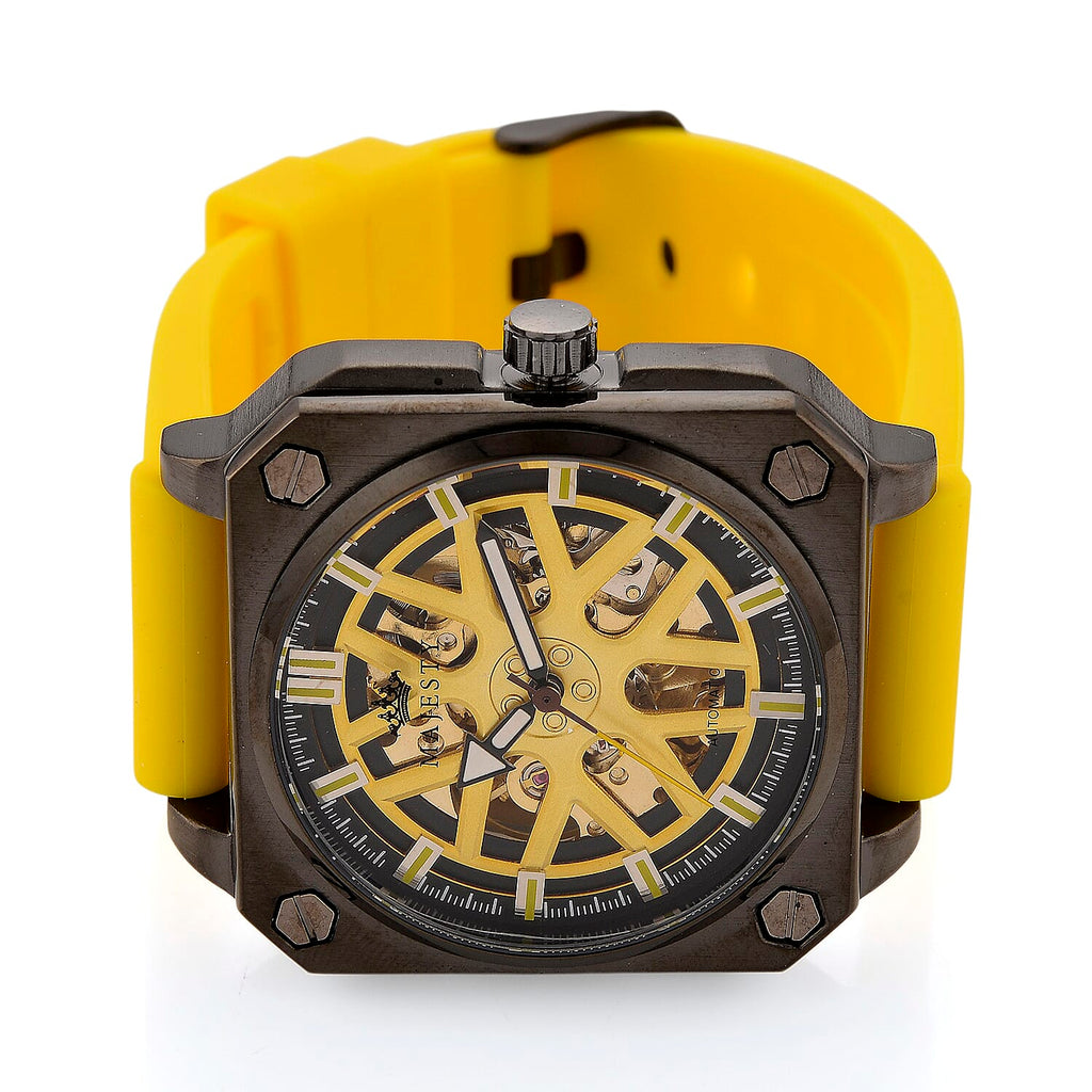 MAJESTY Automatic Mechanical 3ATM WR Gold Hollow Dial - Black Case Mens Watch with Yellow Silicone Strap