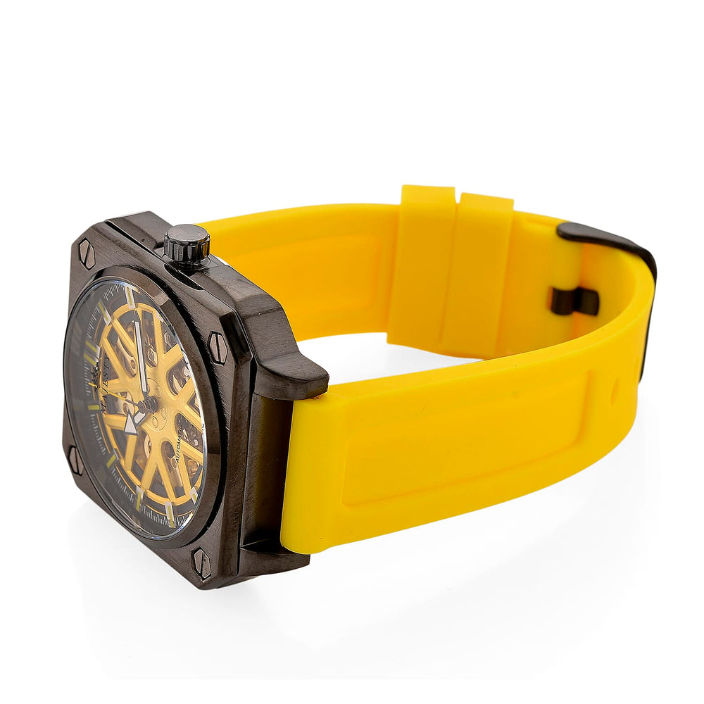 MAJESTY Automatic Mechanical 3ATM WR Gold Hollow Dial - Black Case Mens Watch with Yellow Silicone Strap