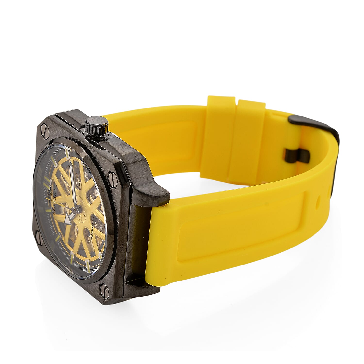 MAJESTY Automatic Mechanical 3ATM WR Gold Hollow Dial - Black Case Mens Watch with Yellow Silicone Strap
