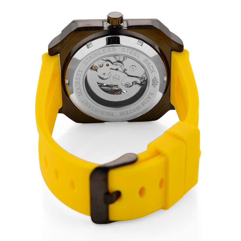 MAJESTY Automatic Mechanical 3ATM WR Gold Hollow Dial - Black Case Mens Watch with Yellow Silicone Strap