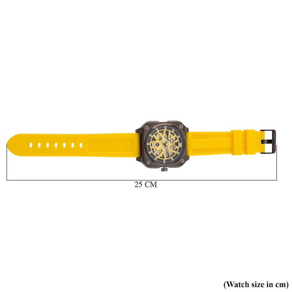 MAJESTY Automatic Mechanical 3ATM WR Gold Hollow Dial - Black Case Mens Watch with Yellow Silicone Strap