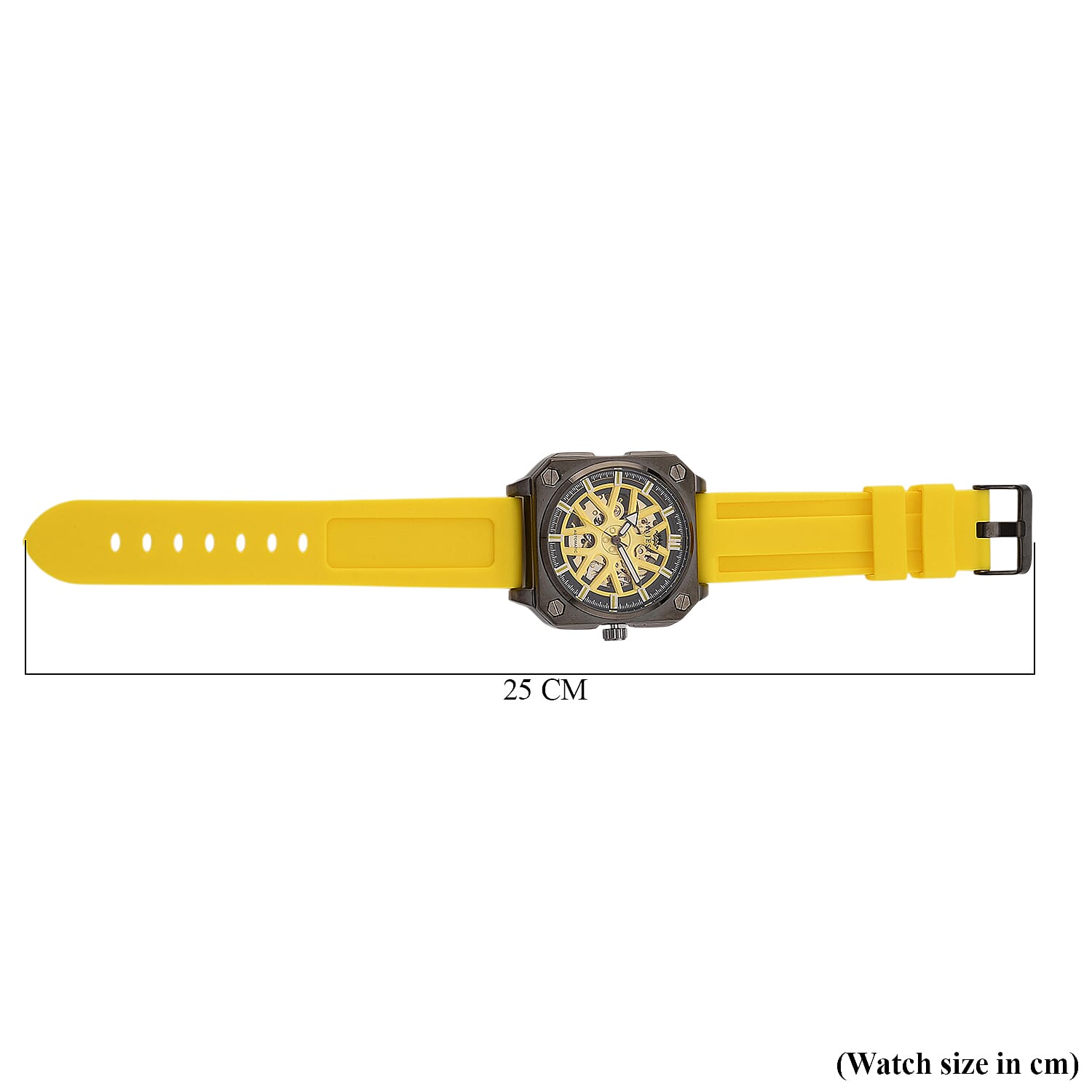 MAJESTY Automatic Mechanical 3ATM WR Gold Hollow Dial - Black Case Mens Watch with Yellow Silicone Strap