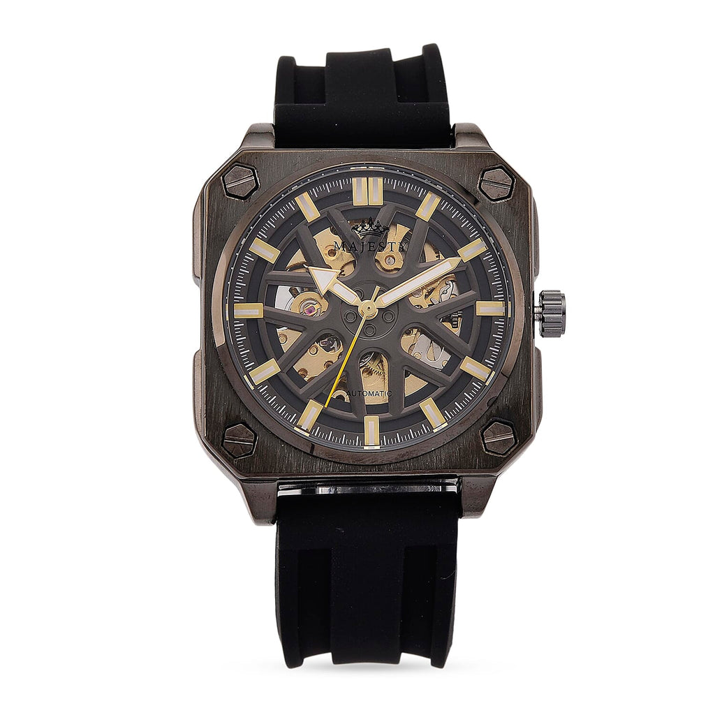 MAJESTY Automatic Mechanical 3ATM WR Black Hollow Dial - Black Case Mens Watch with Black Silicone Strap