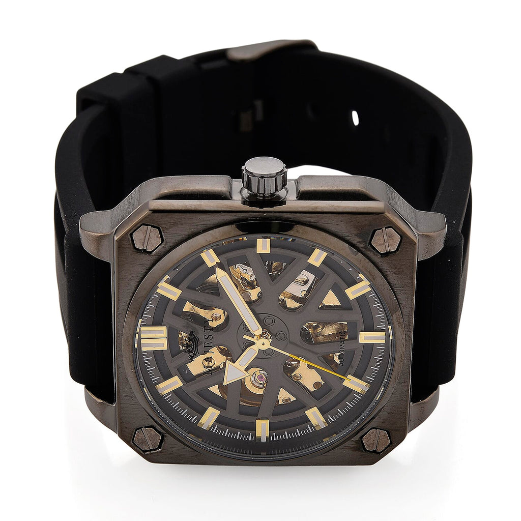 MAJESTY Automatic Mechanical 3ATM WR Black Hollow Dial - Black Case Mens Watch with Black Silicone Strap