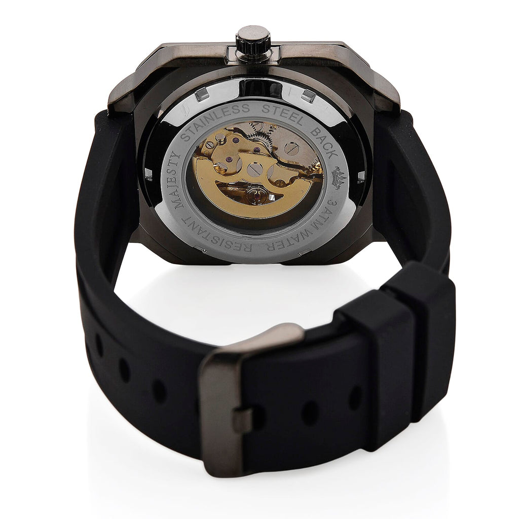 MAJESTY Automatic Mechanical 3ATM WR Black Hollow Dial - Black Case Mens Watch with Black Silicone Strap