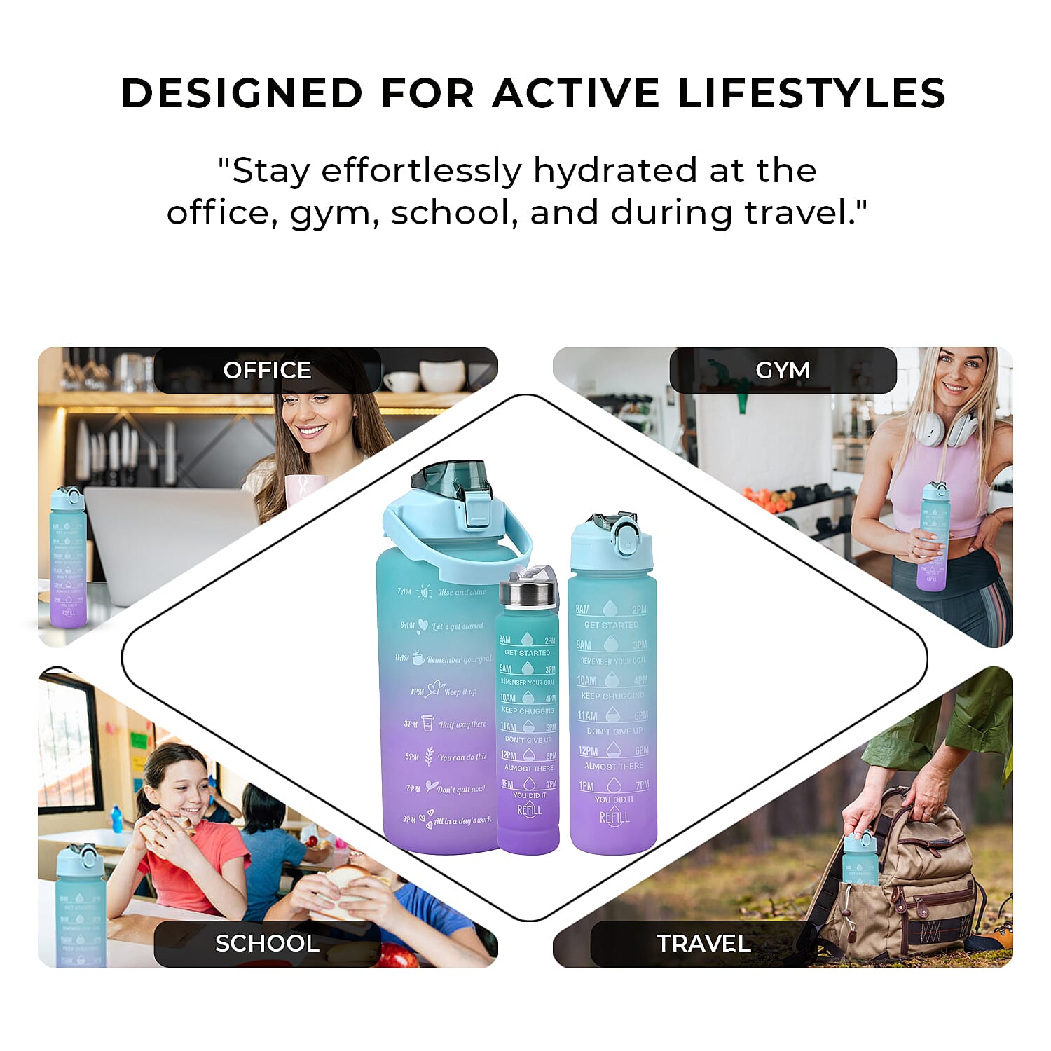 Closeout Deal - Set of 3 Sport Water Bottles with Gradient Colour Design - Blue