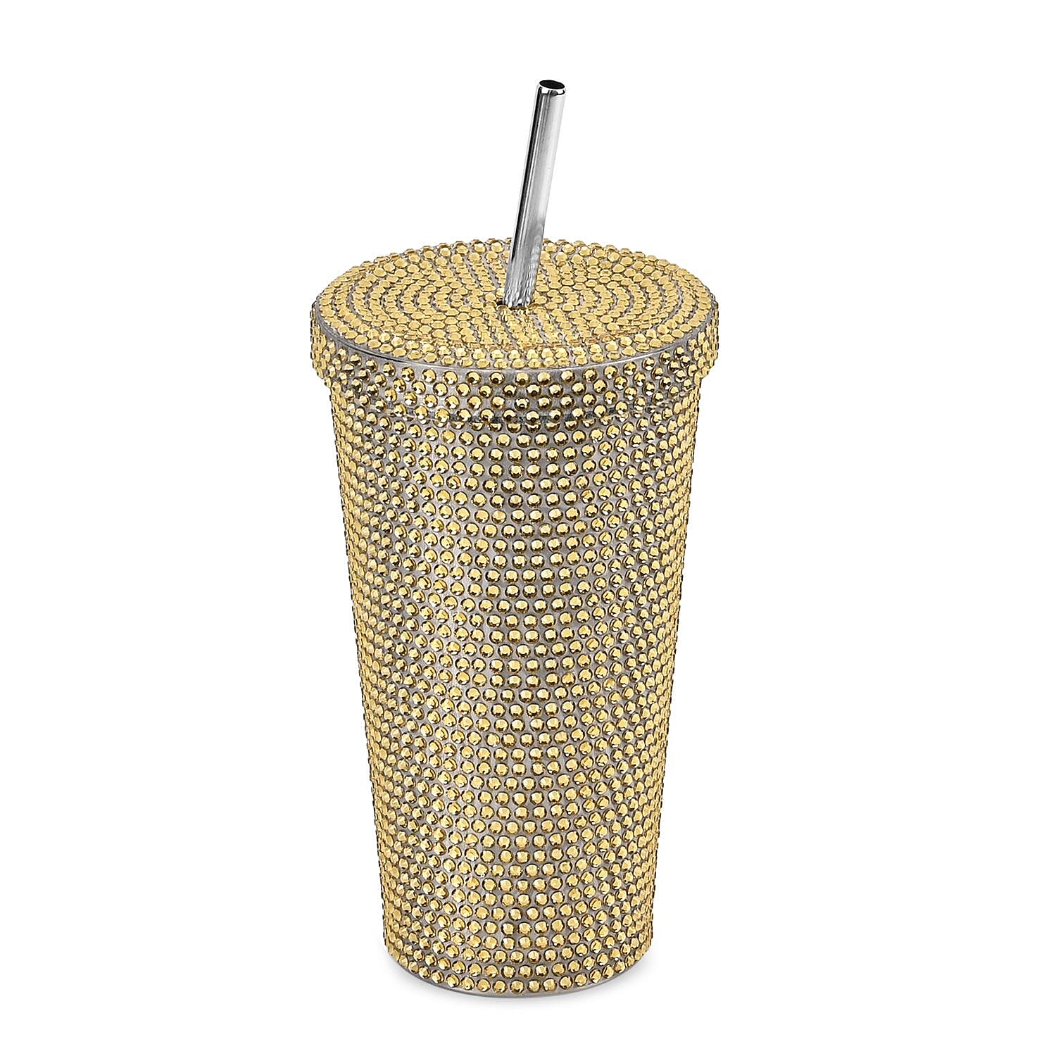Crystal Encrusted Stainless Steel Insulated Cup with Straw & Lid (Capacity 18oz) - Champagne