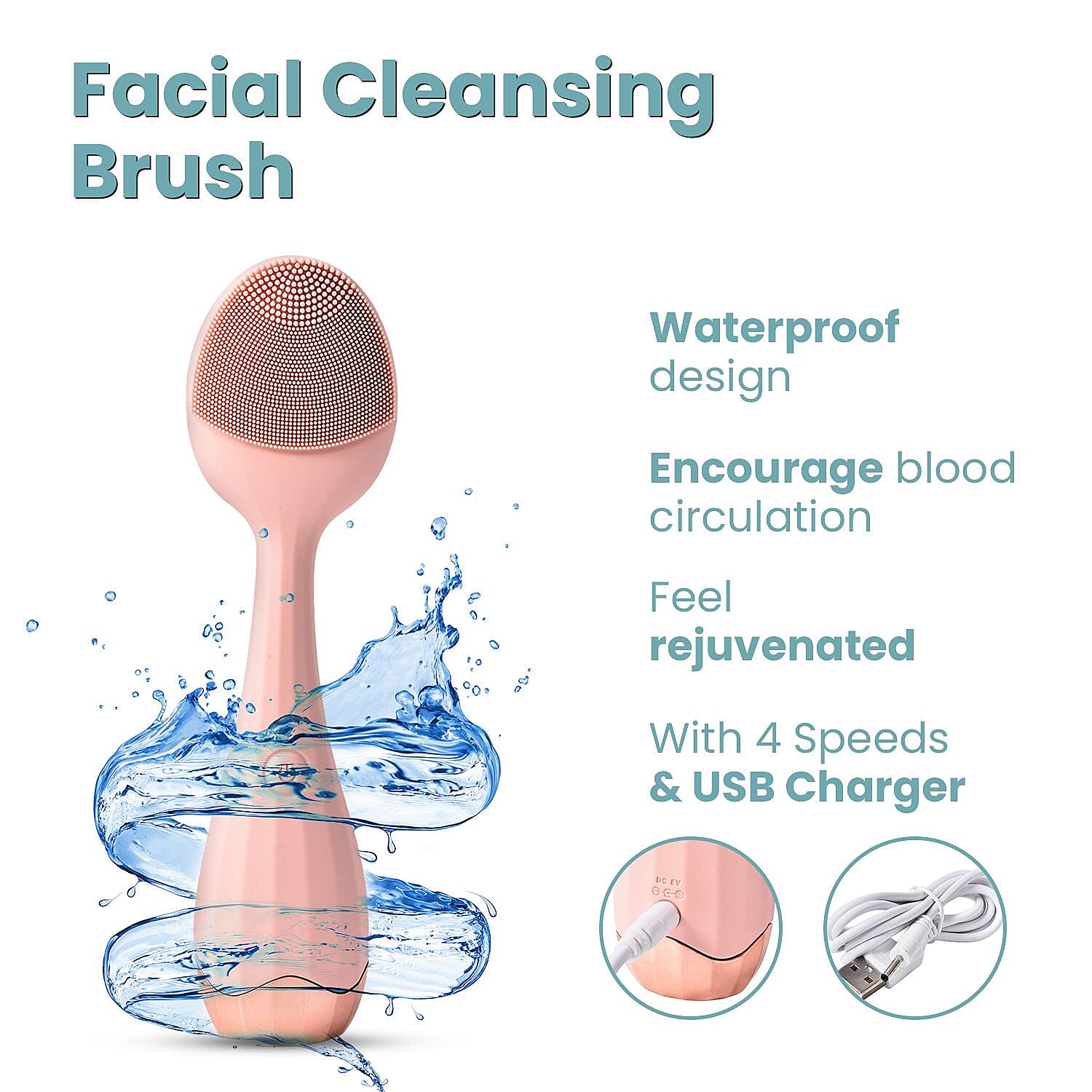 Waterproof Silicone Facial Cleansing Brush - Light Pink (with 4 Speeds - USB Charger)
